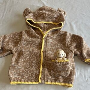 Gymboree - Brown Hooded Baby Cardigan with Bear Ears and stuffed monkey
